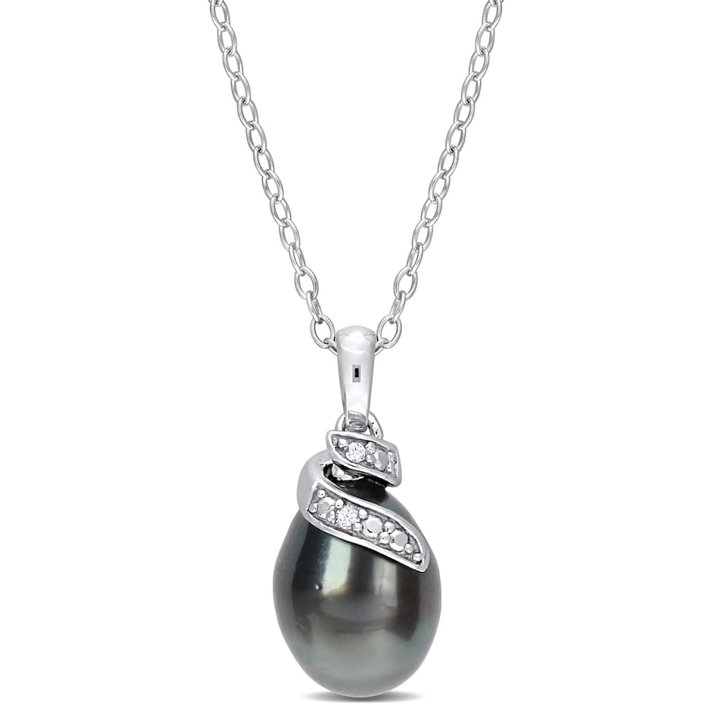 Miadora 8-9mm Black Tahitian Cultured Pearl Diamond Accent Swirl Pendant Chain Sterling Silver