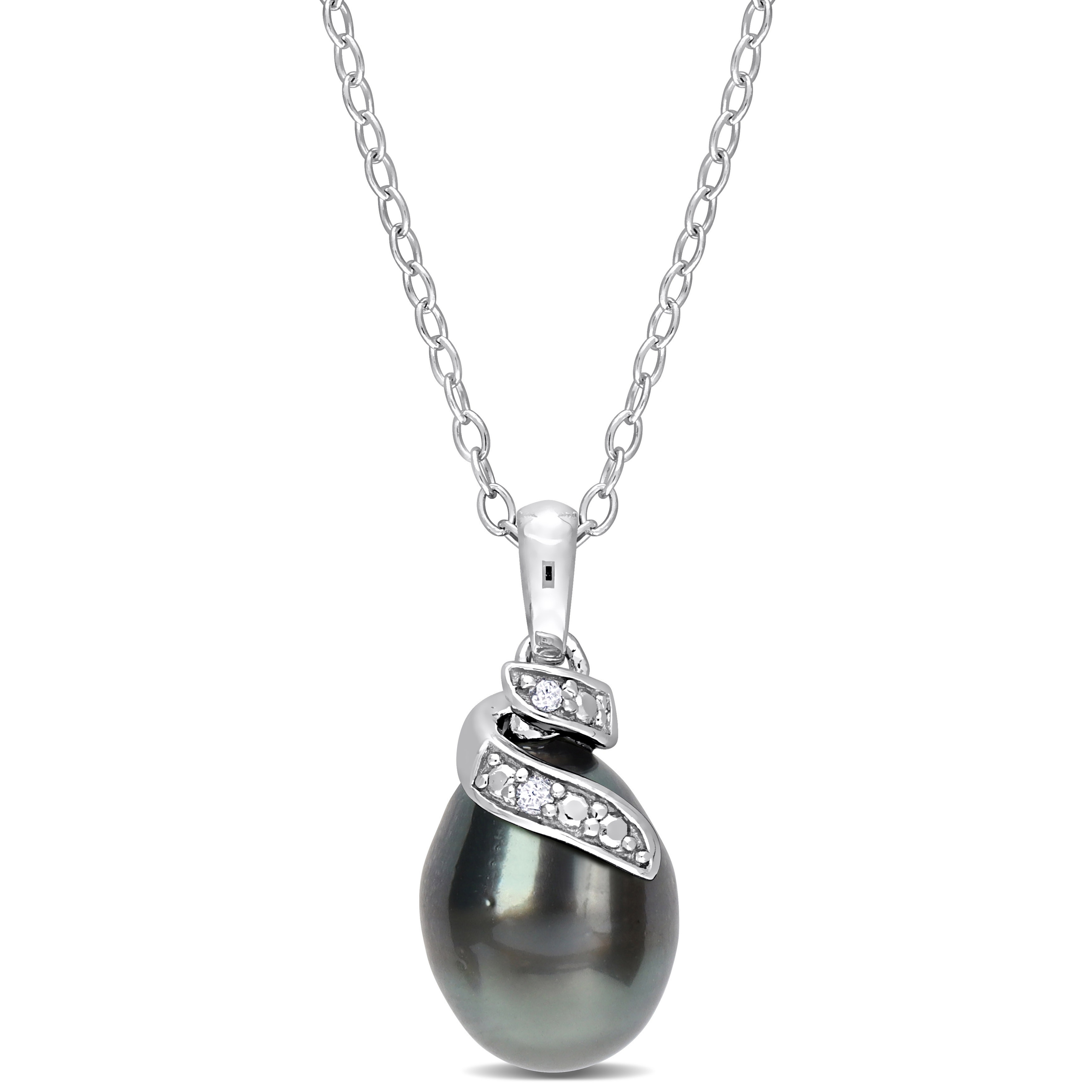 Miadora 8-9mm Black Tahitian Cultured Pearl Diamond Accent Swirl Pendant Chain Sterling Silver
