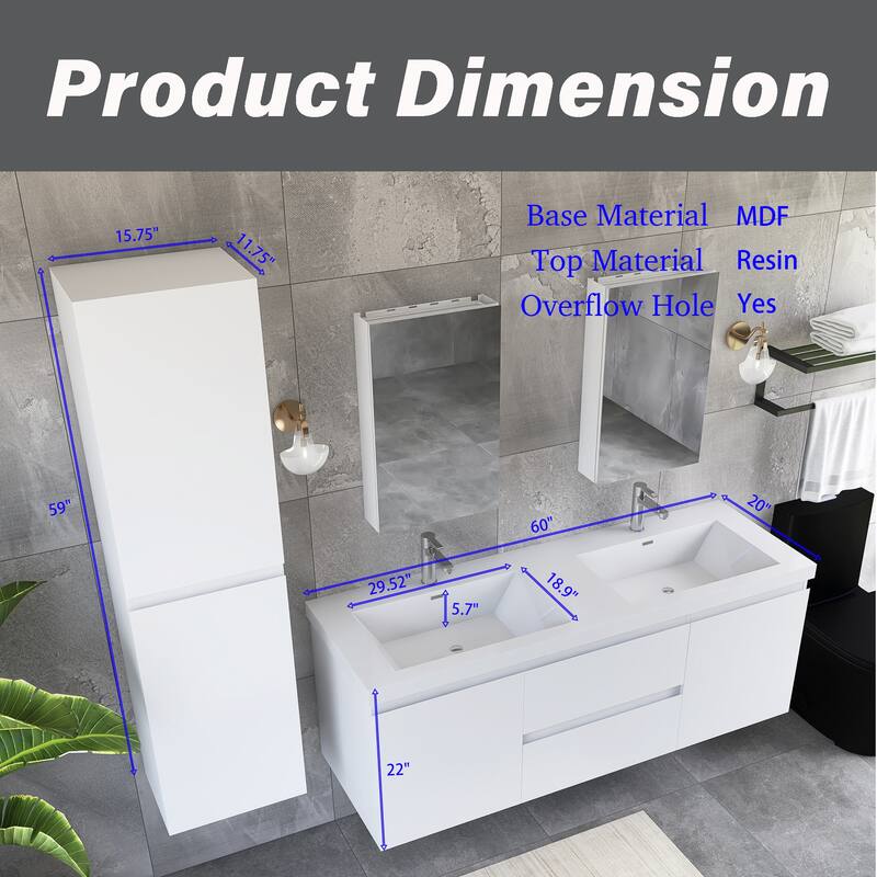 60'' Double Bathroom Vanity Set With Resin Top - 58.5'' x 19.5'' x 22.5''