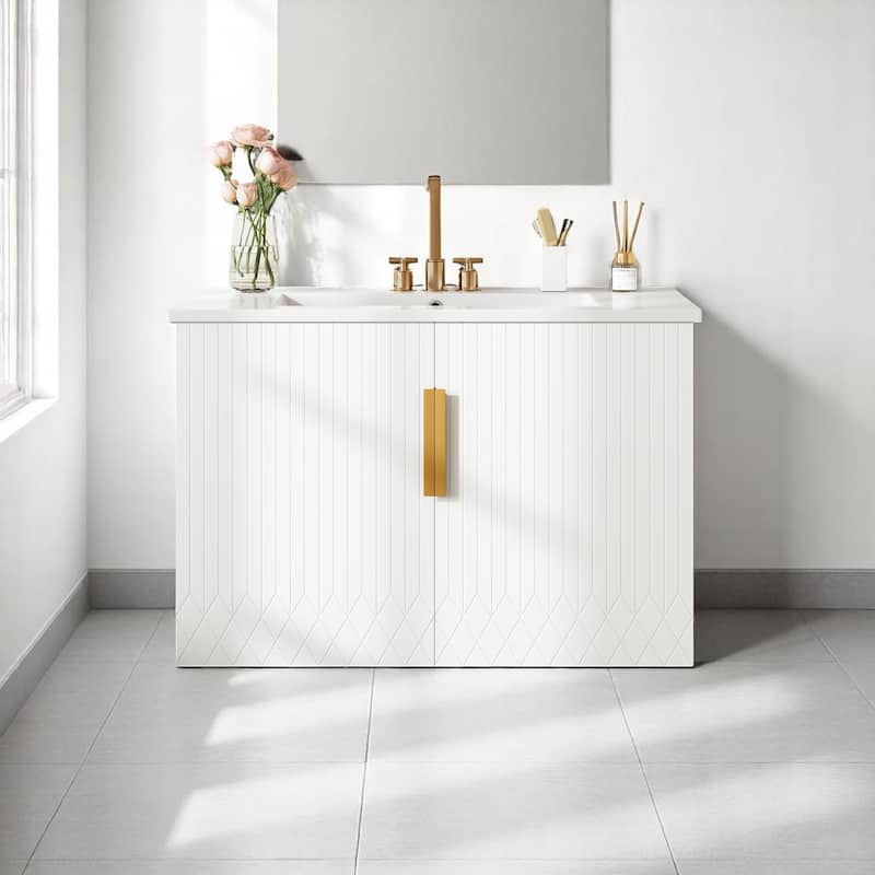 30 Inch Floating Bathroom Vanity with Ceramic Basin, Dual Doors, Adjustable Shelf, Solid Wood Frame Cabinet - White