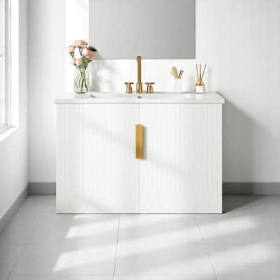 30 Inch Floating Bathroom Vanity with Ceramic Basin, Dual Doors, Adjustable Shelf, Solid Wood Frame Cabinet