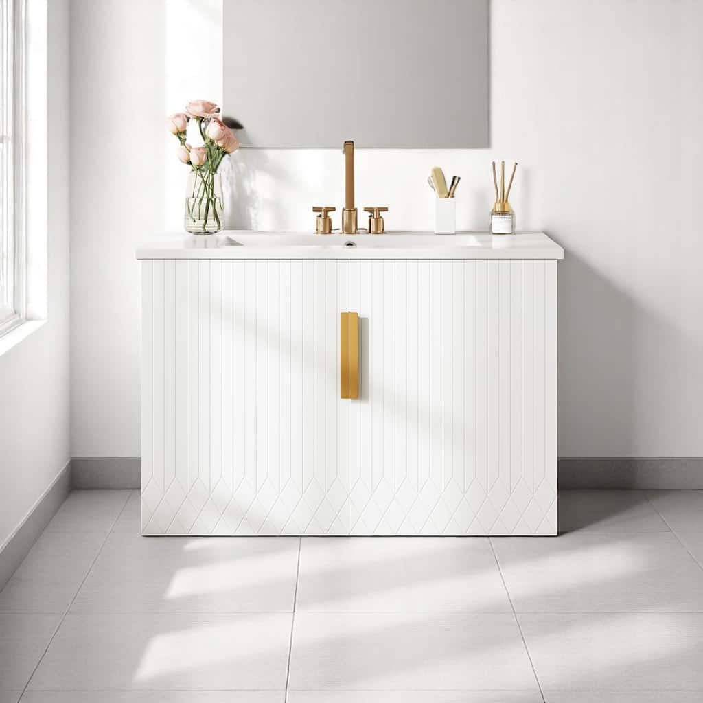 30 Inch Floating Bathroom Vanity with Ceramic Basin, Dual Doors, Adjustable Shelf, Solid Wood Frame Cabinet