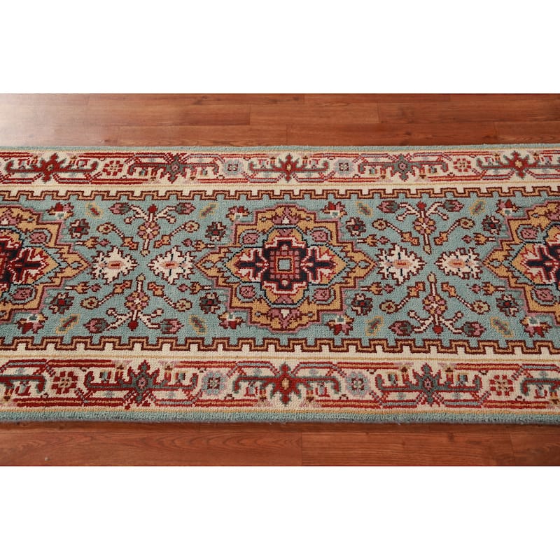 Hand Knotted Oriental 100% Wool Carpet Traditional Geometric Navy Blue & Blues Heriz (serapi) Runner Rug - 8' 2'' X 2' 6''