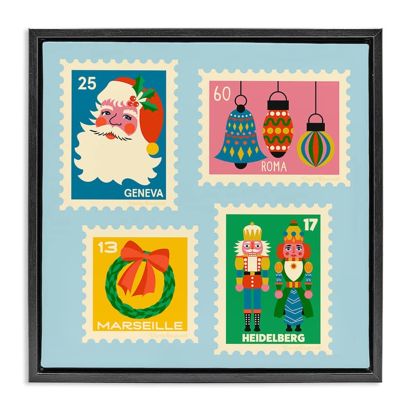 Stupell Vintage Christmas Postage Stamps Framed Floater Canvas Wall Art Design By Carrie Cantwell - 25 x 25 - Black