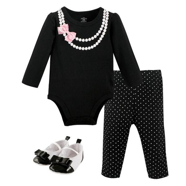 slide 1 of 1, Little Treasure Baby Girl Cotton Bodysuit, Pant and Shoe 3pc Set, Pearls 0-3 Months - Pearls