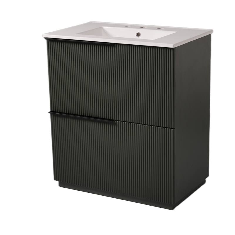 30" Bathroom Vanity with Ceramic Sink and Full-Extension Drawers, Soft Close Undermount Drawer Slides, Fluted Design