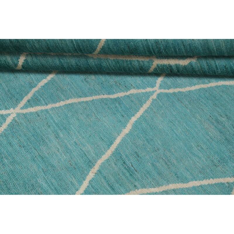 Turquoise Trellis Moroccan Vegetable Dye Area Rug Handmade Wool Carpet - 6'4" x 9'5"