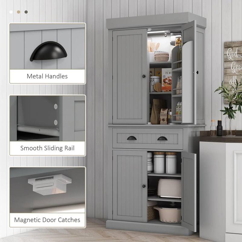 71" Kitchen Pantry Cabinet with LED Lights, 6 Door Shelves, a Drawer