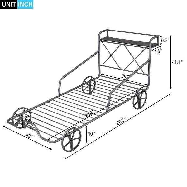 dimension image slide 0 of 2, Twin Size Metal Bed with Four Wheels, Car Shaped Bedframe with Guardrails and X-Shaped Frame Shelf, Funny Design for Kids