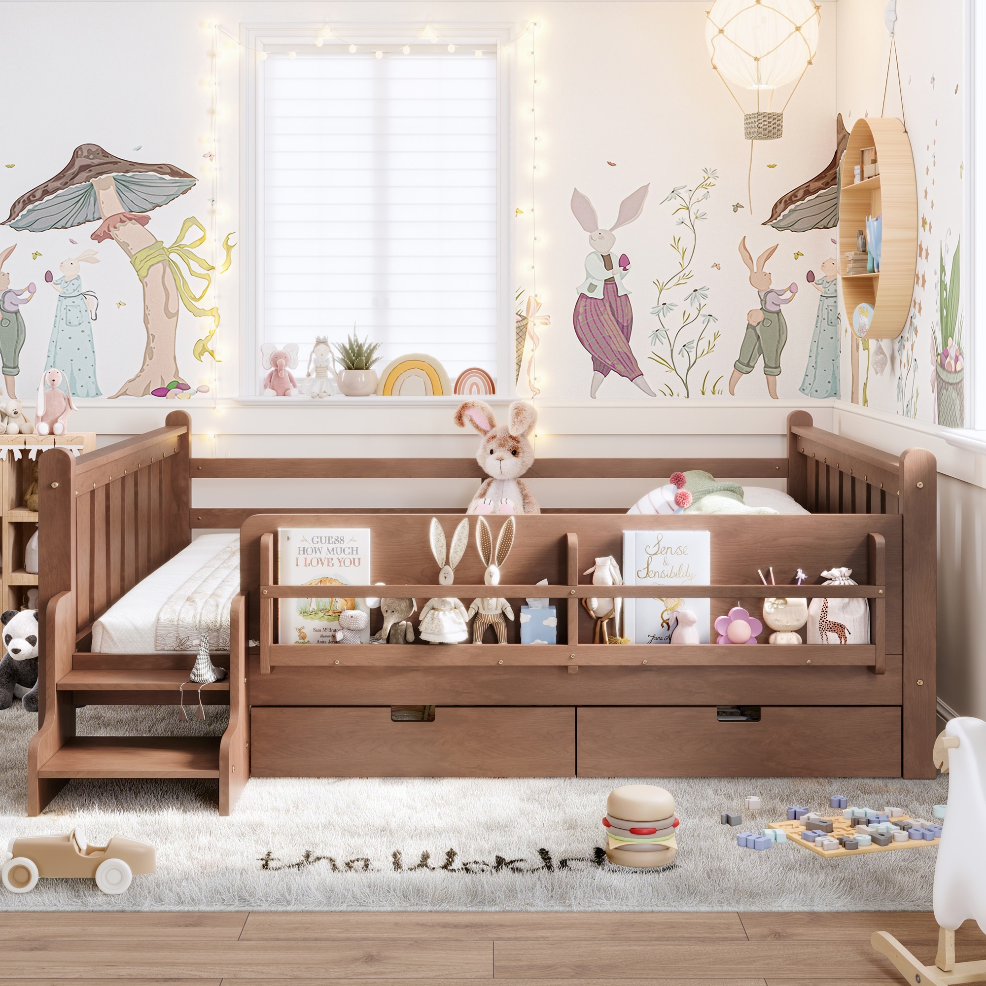 Roomfitters Wood Floor Bed, Storage Bookcase, 2 Units & 2-Step Safety Stairs, Kids Platform Bed Frame