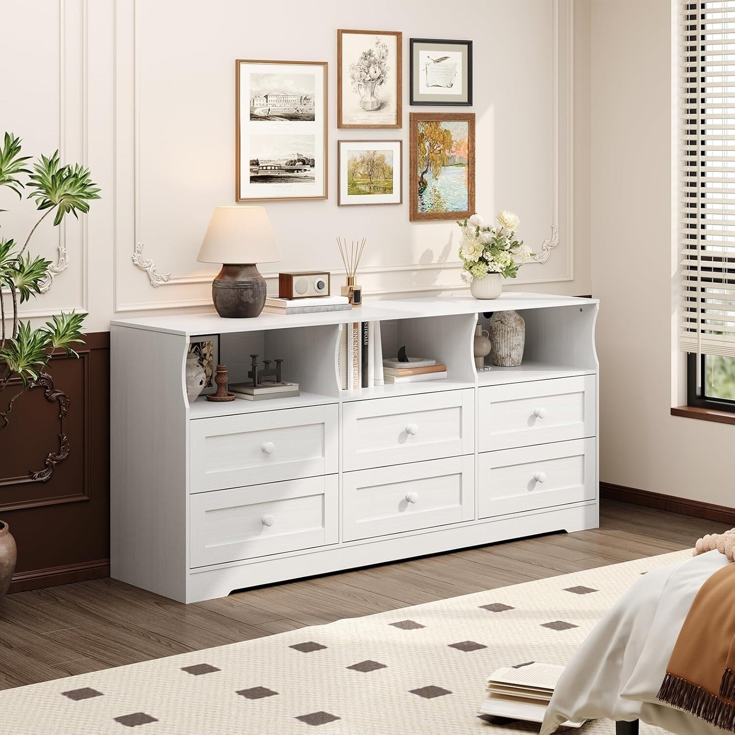 6 Drawer Dresser with Power Outlets & LED Light, Slim Wooden Chest of Drawers with Open Shelf