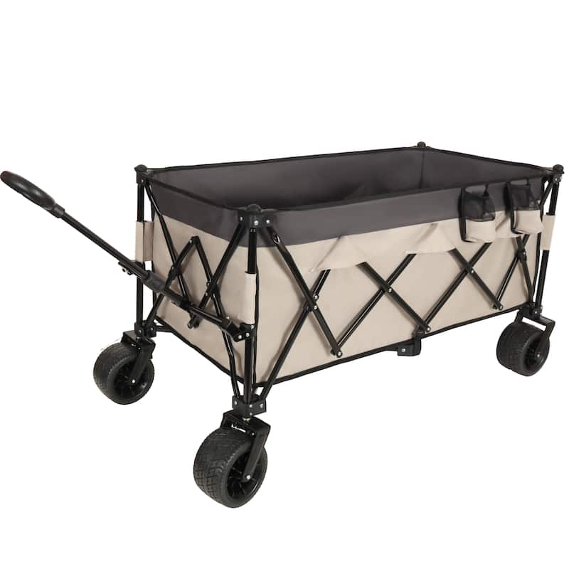 Heavy-Duty Foldable Utility Wagon - 480lbs Capacity, Patented Ultra-Stable Frame, 1:6 Space-Saving Fold & 7"All-Terrain Wheels - Khaki/Grey