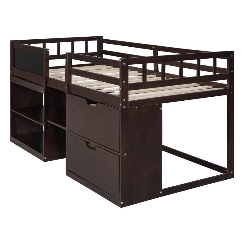 Twin Size Low Loft Bed with Rolling Desk, Storage Drawers, and Shelf