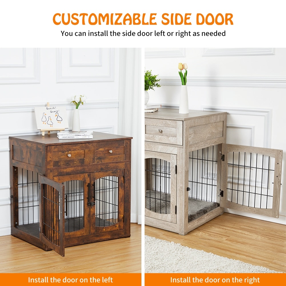Dog Crate Furniture with Cushion Wooden Dog Kennel with 2 Drawers 3 Doors Dog Furniture Dog House Dog Cage Grey Natural Finish