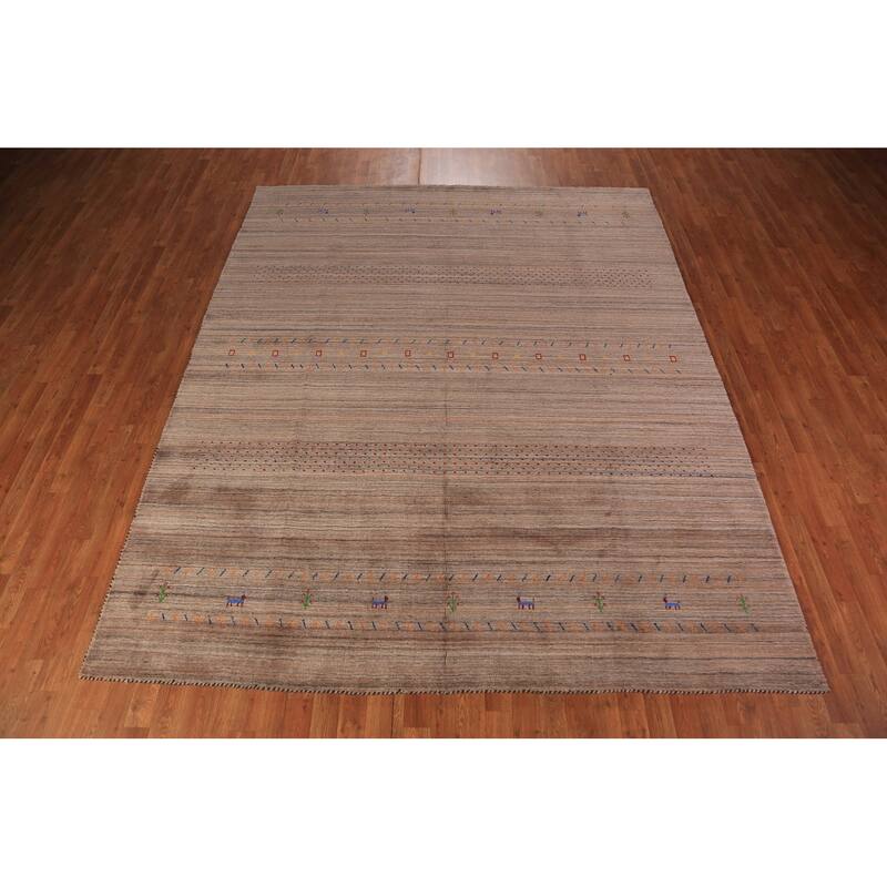 Striped Brown Gabbeh Oriental Area Rug Hand-Knotted Wool Carpet - 8'0" x 9'9"