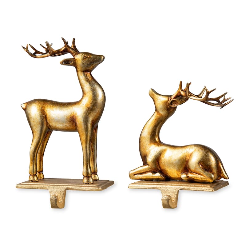Glitzhome 7.75"H Set of 2 Gold Resin Standing & Sitting Reindeer Stocking Holders