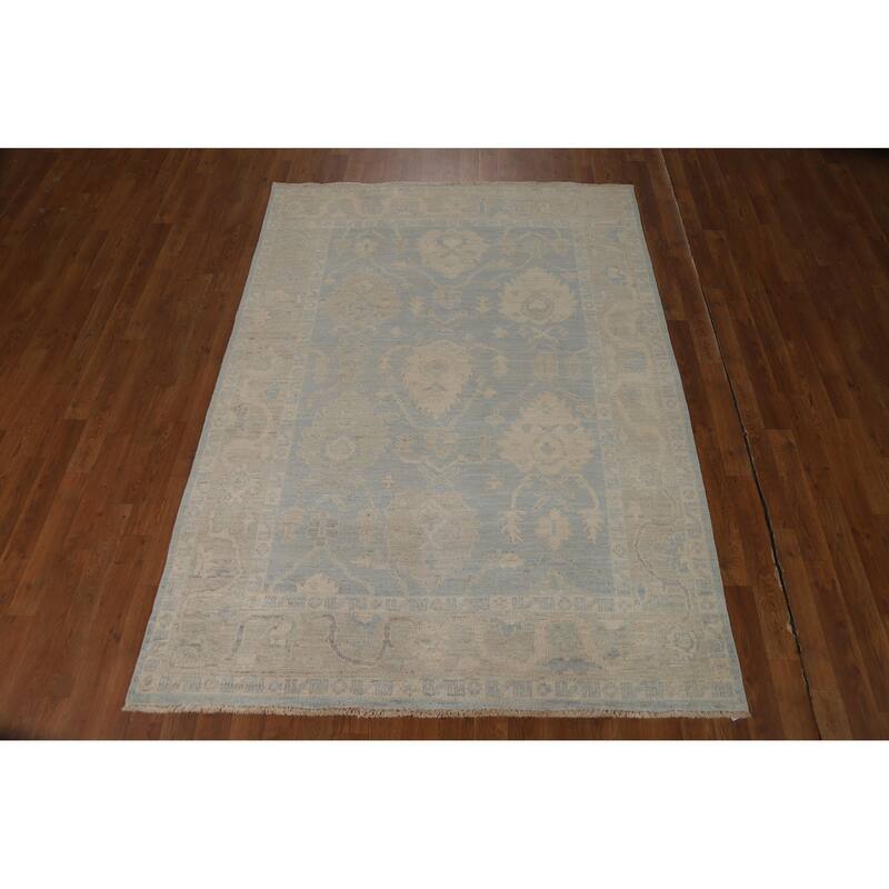 Vegetable Dye Blue Oushak Turkish Rug Handmade Bedroom Wool Carpet - 5'0"x 7'0"