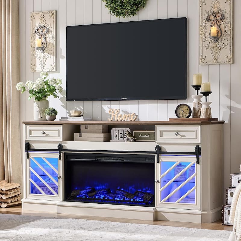 Farmhouse Fireplace TV Stand for 85 Inch TV, Entertainment Center - Antique White