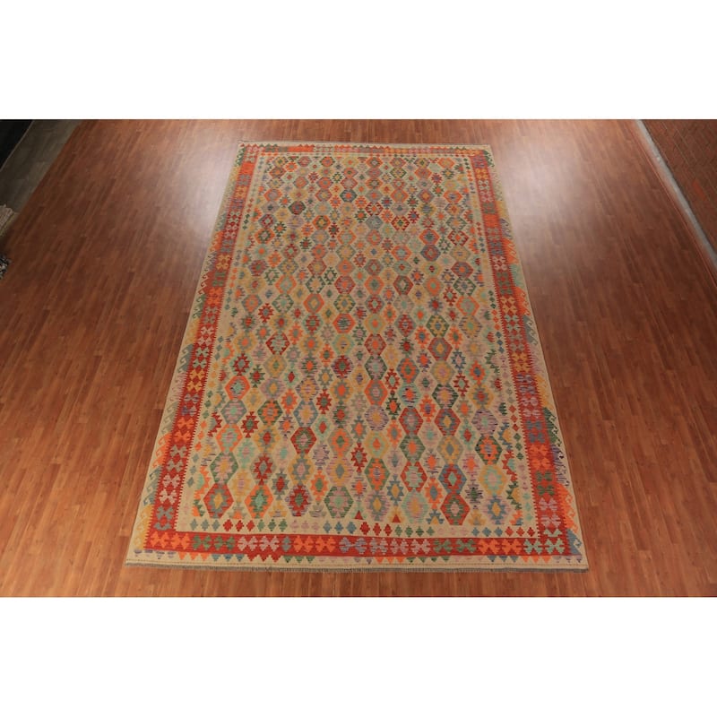 Geometric Kilim Oriental Large Rug Flatweave Wool Carpet - 10'2"x 16'10"