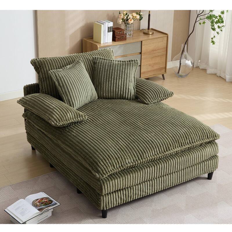 54.75" Oversized Chaise Lounge Chair, Fluffy Corduroy Sleeper Sofa with Adjustable Backrest, Deep Seat & 3 Pillows - Green
