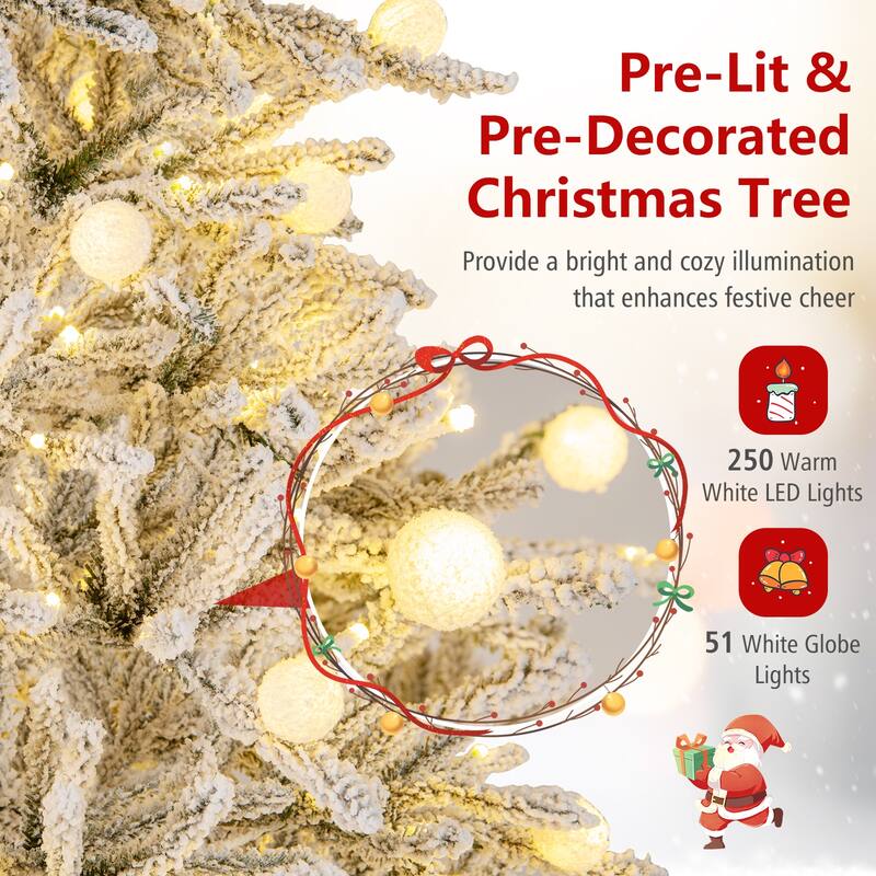 Gymax 6/7/8 FT Snow-flocked Artificial Christmas Tree w/51/65/81 - Green+White