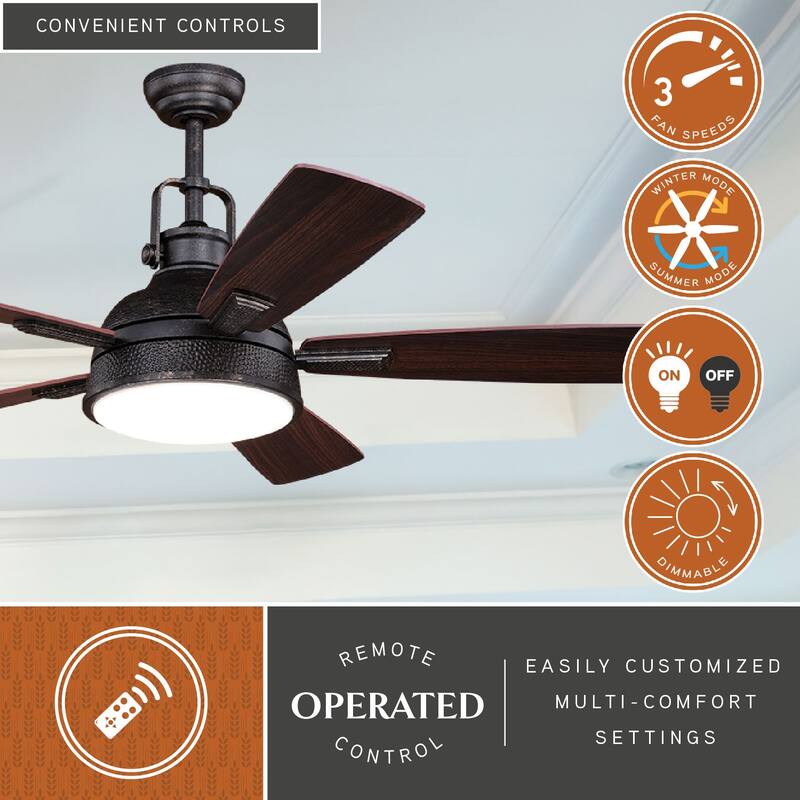 Walton 52 In. Bronze Loft Ceiling Fan with LED Light Kit and Remote - 52-in W x 19.75-in H x 52-in D
