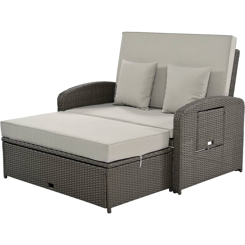 Roomfitters PE Wicker Rattan Double Chaise Lounge Daybed with Adjustable Back and Cushions