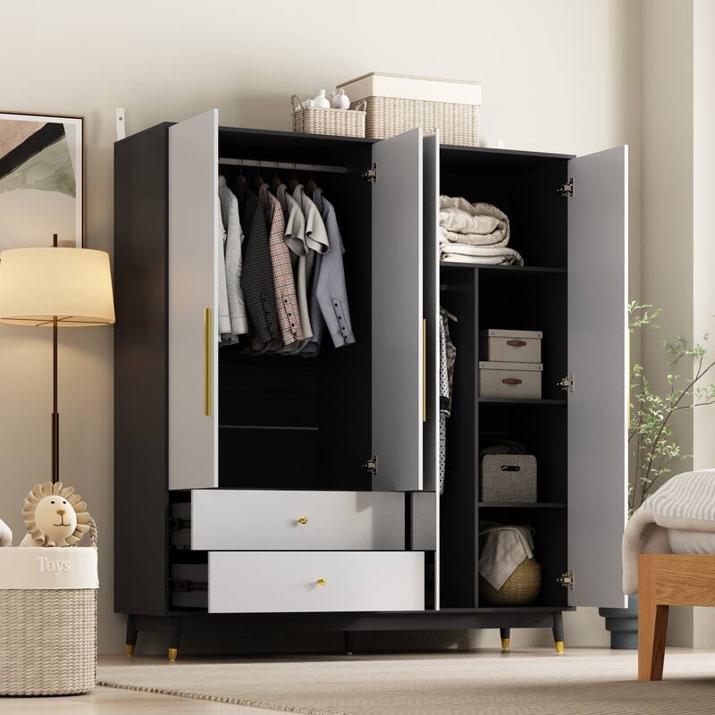 Wooden 2 Drawers 4 Doors Wardrobe Armoire With Mirror (Gray/Black)