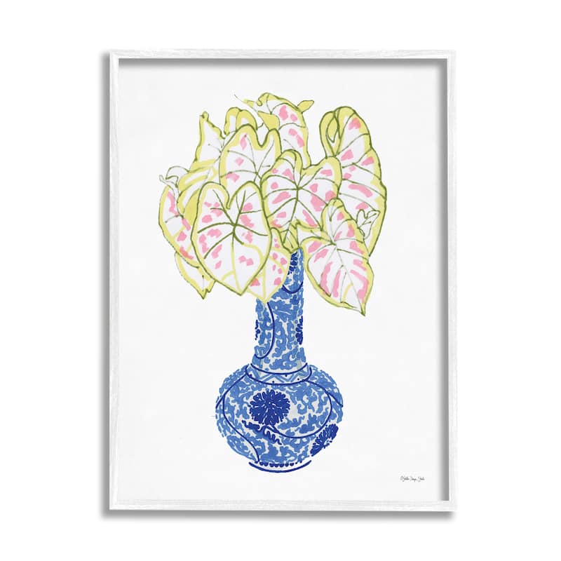 Stupell Chinese Caladium Ginger House Plant Tall Neck Vase Framed Wall Art, Design by Stellar Design Studio - Blue - 24 x 30 - White