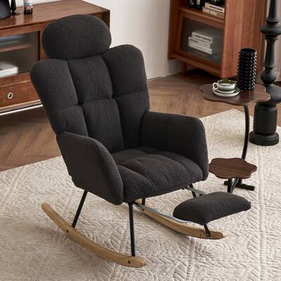 Comfortable Teddy Fabric Upholstered Rocking Chair with High Backrest and Pillows for Indoor Use