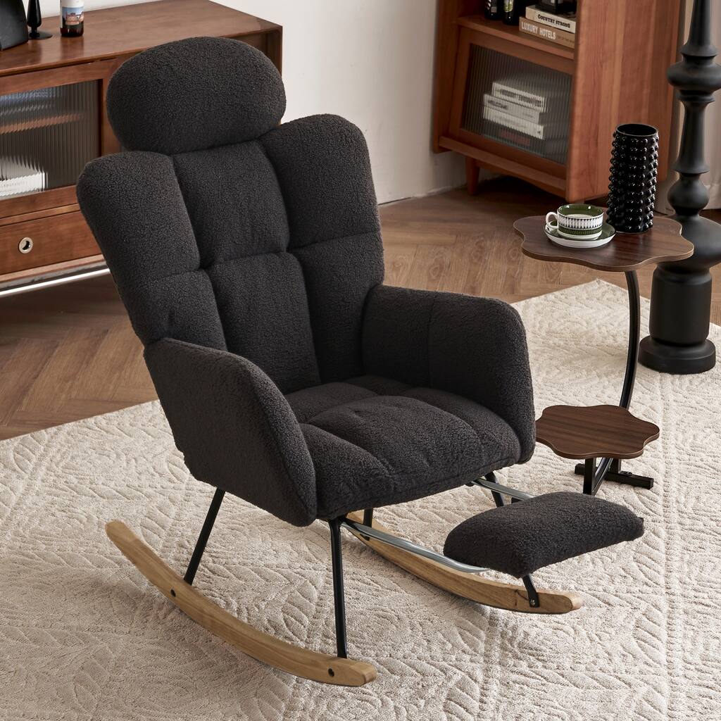Comfortable Teddy Fabric Upholstered Rocking Chair with High Backrest and Pillows for Indoor Use