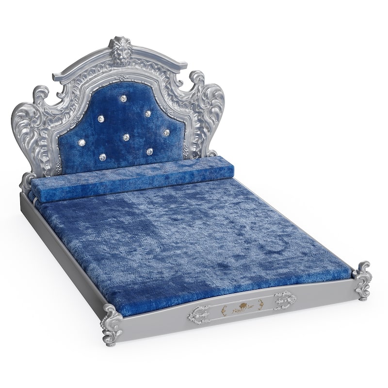 Silver Baroque Soft Velvet Cover Dog Bed Pet Sofa Furniture With Tufted Headboard Diamonds Decor