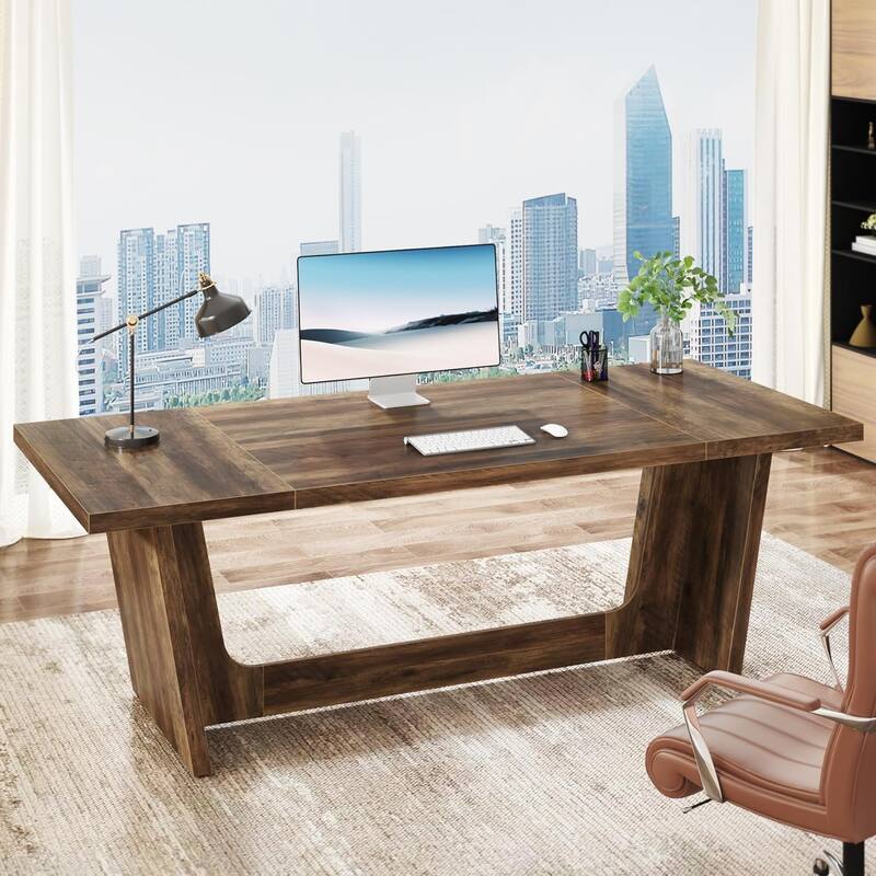 71 Inches Executive Desk, Large Home Office Desk with Solid Wooden Pedestal