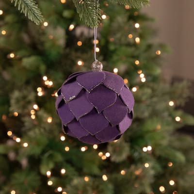 7" Purple Flower Glitter Petal Shatterproof Ball Christmas Ornament