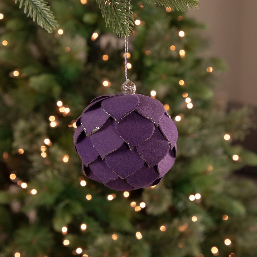 7" Purple Flower Glitter Petal Shatterproof Ball Christmas Ornament