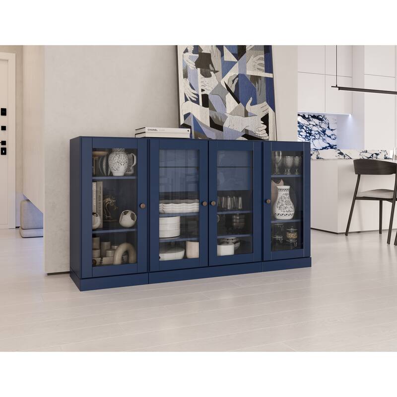 Palace Imports 100% Solid Wood 65" Sideboard with Clear Glass Doors, 2-Drawers and Adjustable Shelves - Navy Blue