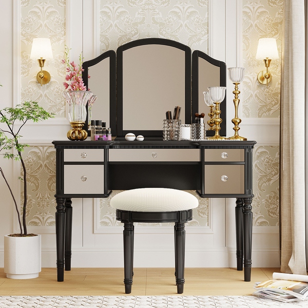 43 Dressing Table Set with Mirrored Drawers and Stool Tri Fold Mirror Makeup Vanity Set for Bedroom Rosdorf Park