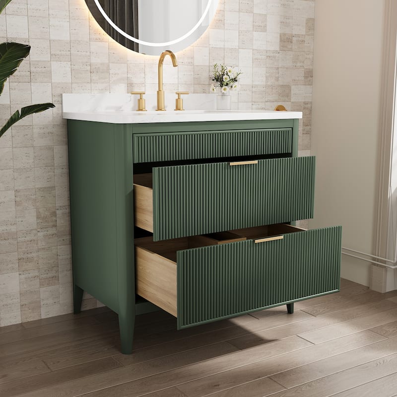 Modland 36" Freestanding Bathroom Vanity with Carrara Marble Top, Soft-Close Drawers, Fully Assembled, Green/Grey - 36 inch