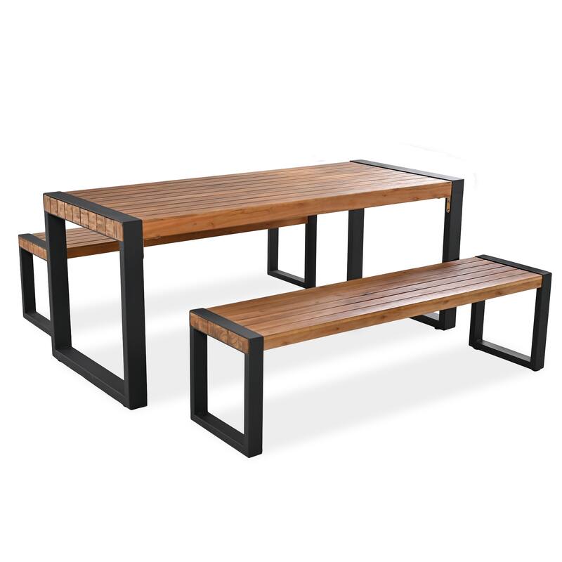 3-Pieces Outdoor Dining Table with 2 Benches, Patio Dining Set with Acacia Wood Top & Steel Frame for Outdoor & Indoor, Natural
