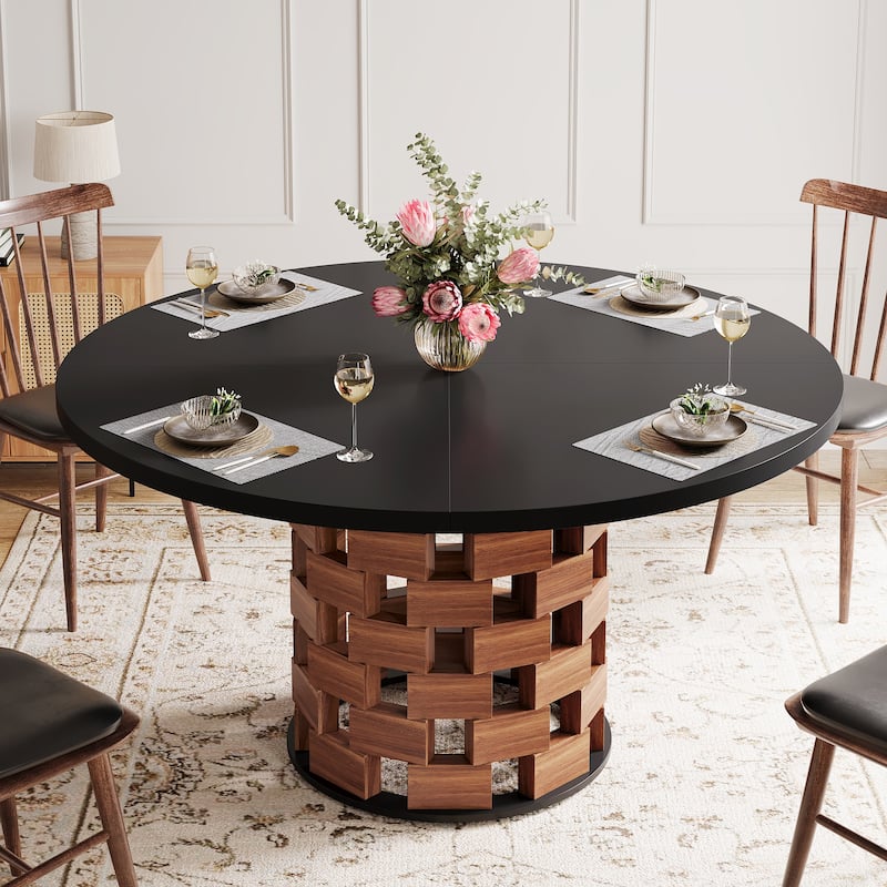 47-Inch Round Dining Table for 4, Farmhouse Kitchen Table - Black and Brown