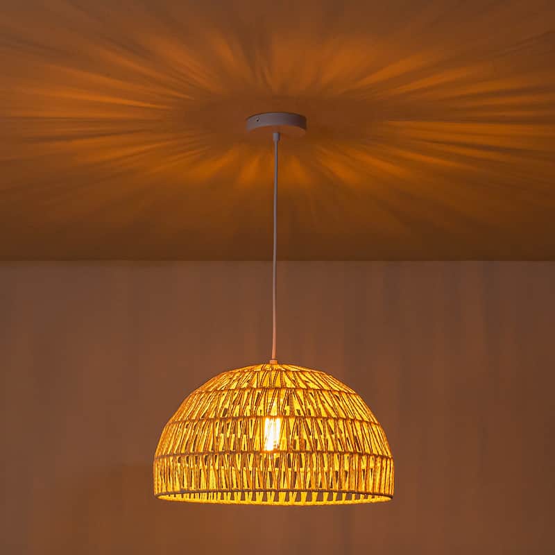 1-Light Modern Boho Single Bowl Hand Woven Rope Dome Pendant Kitchen Island Lighting