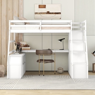 Pine Wood High Loft Bed with Stairs & Desk, Space Saving Kids Loft Bed with 7 Storage Drawer, 2 Shelves, Full-Length Guardrail