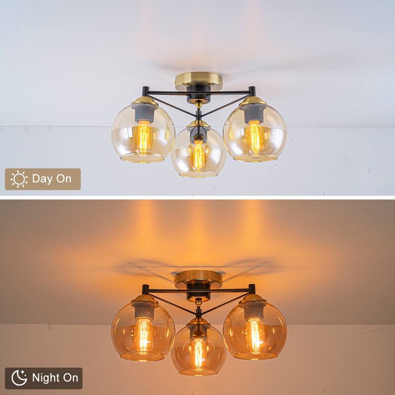 3 Lights Gold Flush Mount Ceiling Light with Amber Glass Globes - Dia.17.72-in