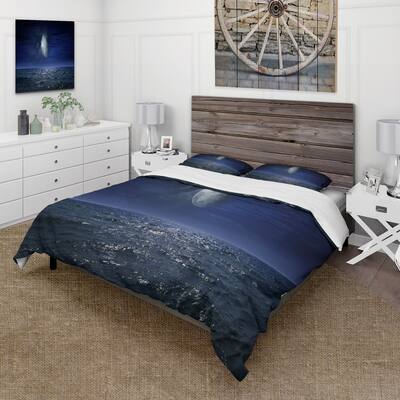 Designart 'Full Moon Over Dark Ocean At Night' Nautical & Coastal Duvet Cover Set