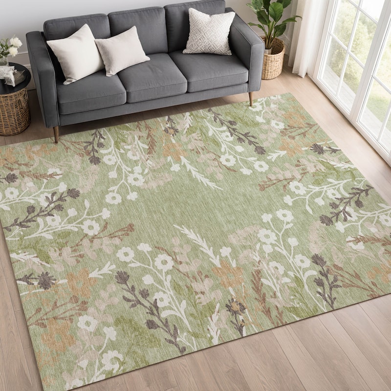 Machine Washable Indoor/ Outdoor Floral Border Chantille Rug