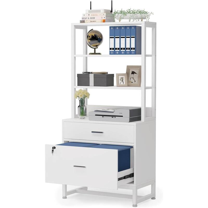 Particle Board Metal Lockable Filing Cabinet with Bookshelves - White