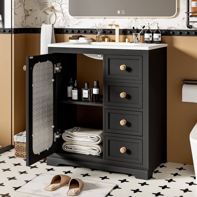 30''/36'' Bathroom Vanity with Sink, 3 Drawers Bathroom Storage Cabinet with Soft-Close Glass Door and Adjustable Shelf
