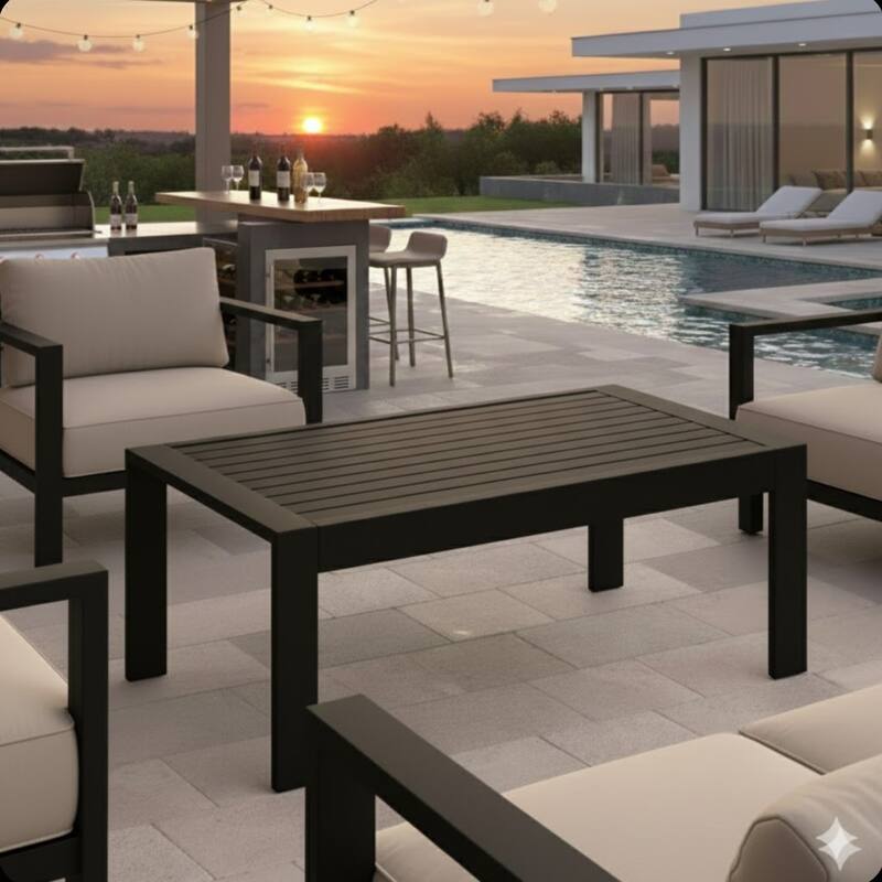 43x24" Metal Coffee Table with Wood-Look Top and Black Frame