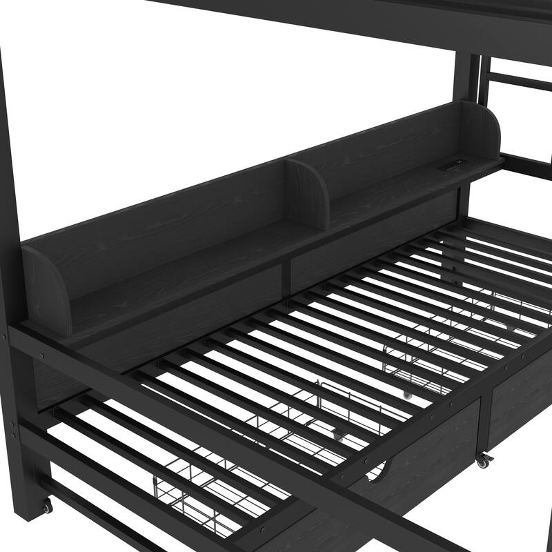 Queen over Queen Bunk Bed with Storage Shelves & Drawers, USB Ports & LED Lights, Convertible Sofa Lower Bed