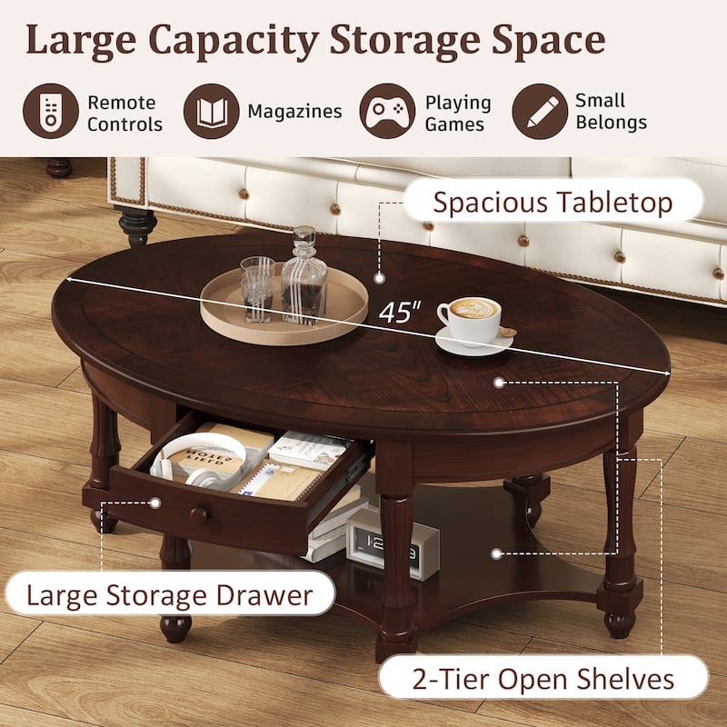 French Country Style Coffee Table Vintage Oval Coffee Table with Drawers and Storage Shelves, for Living Room